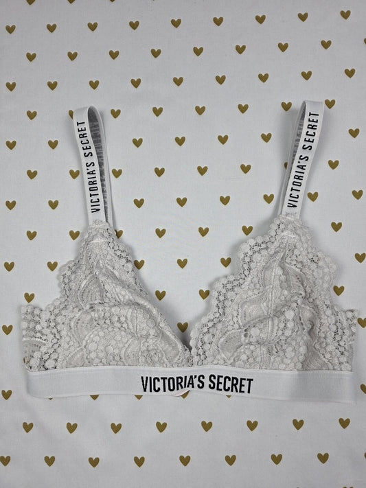 Victorias Secret White Lace Logo Band SMALL Bralette Bra Top Tank
