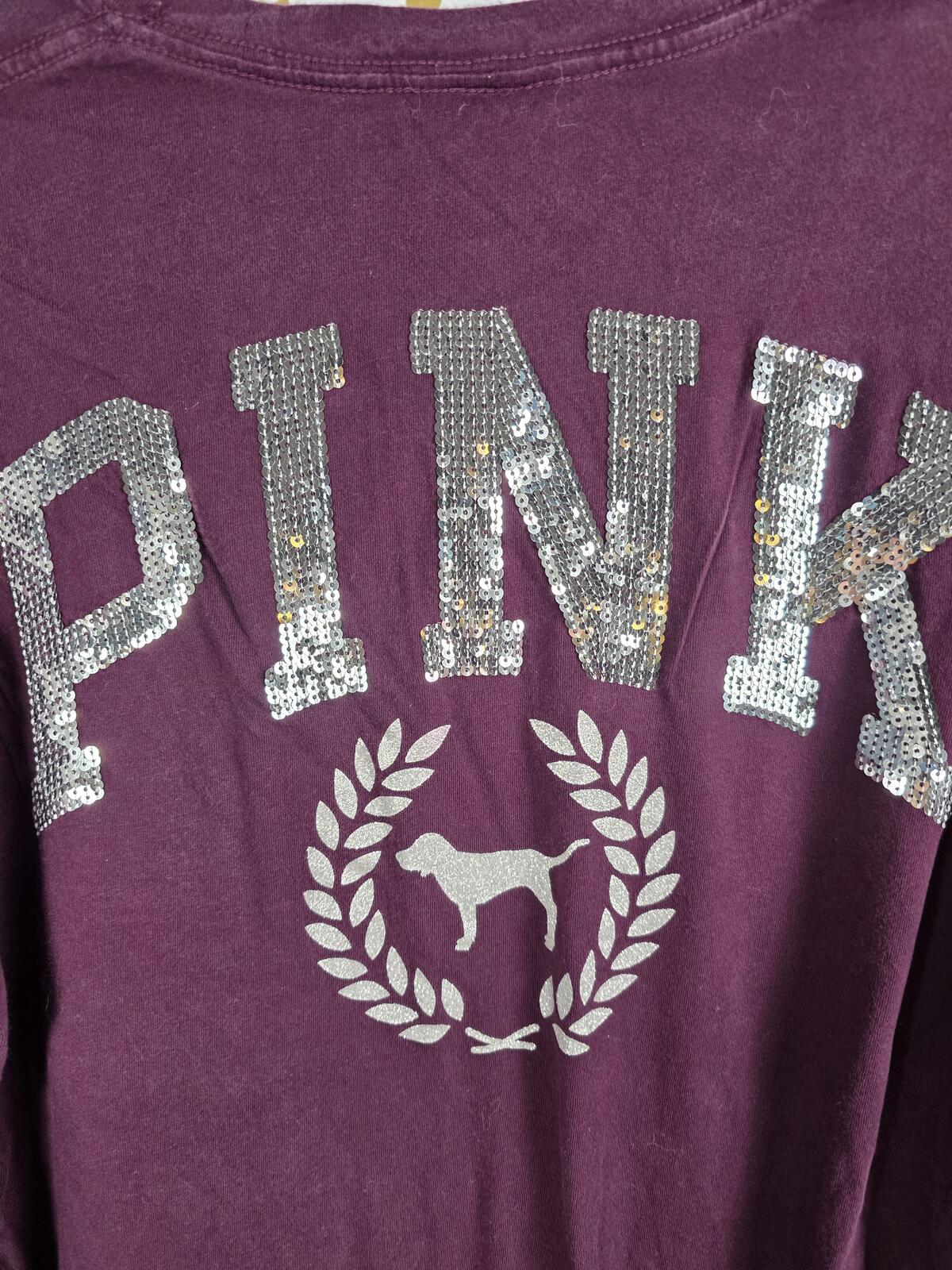 Victorias Secret PINK Campus Pocket BLING Sequined Maroon Tee Shirt DOG SMALL