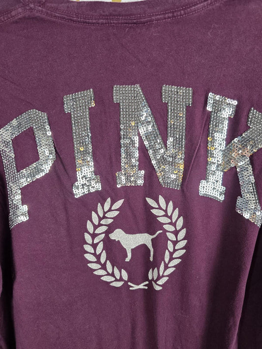 Victorias Secret PINK Campus Pocket BLING Sequined Maroon Tee Shirt DOG SMALL