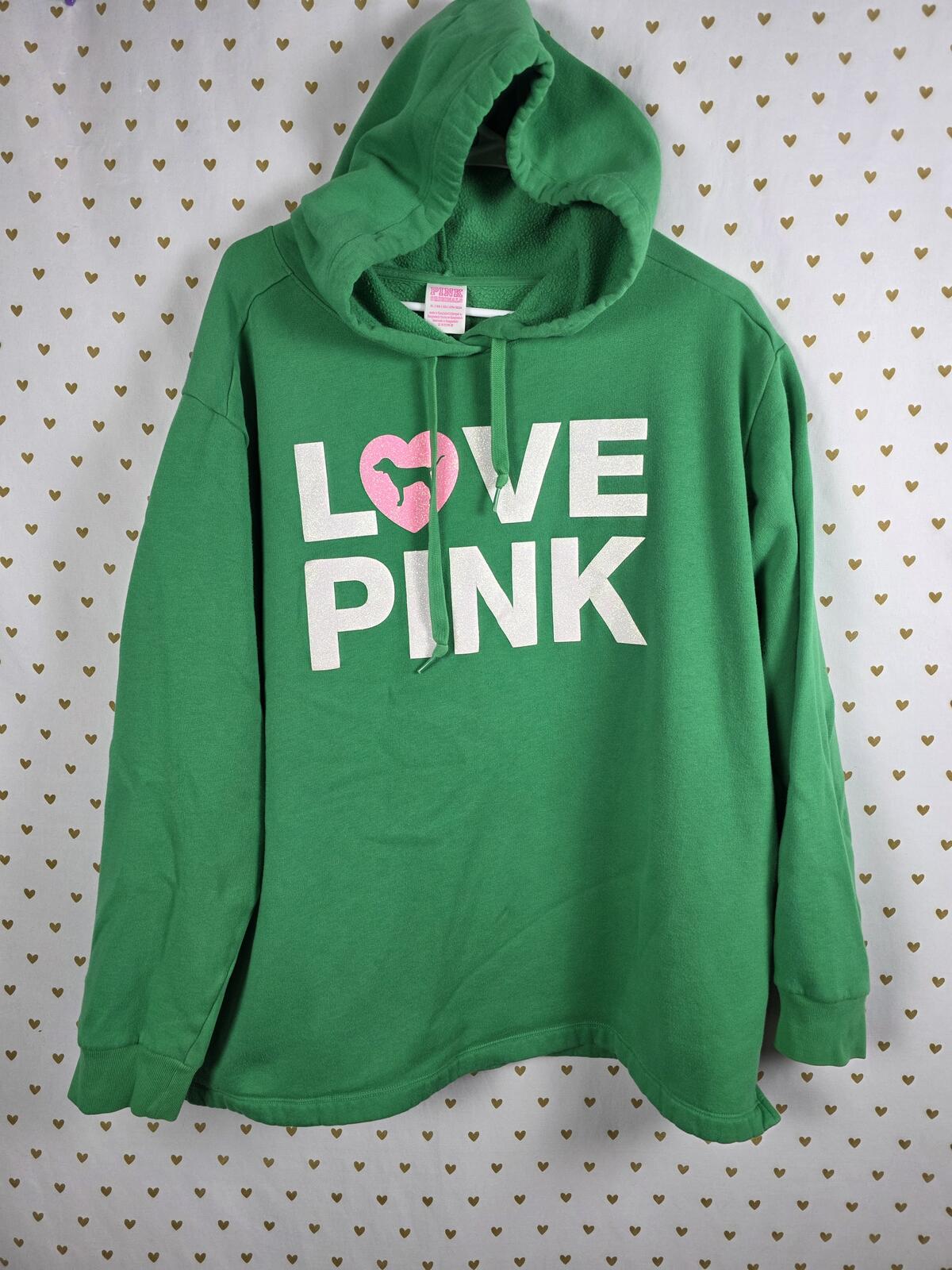 Victorias Secret Pink CAMPUS ORIGINALS Green Pockets LOVE Glitter Hoodie XL