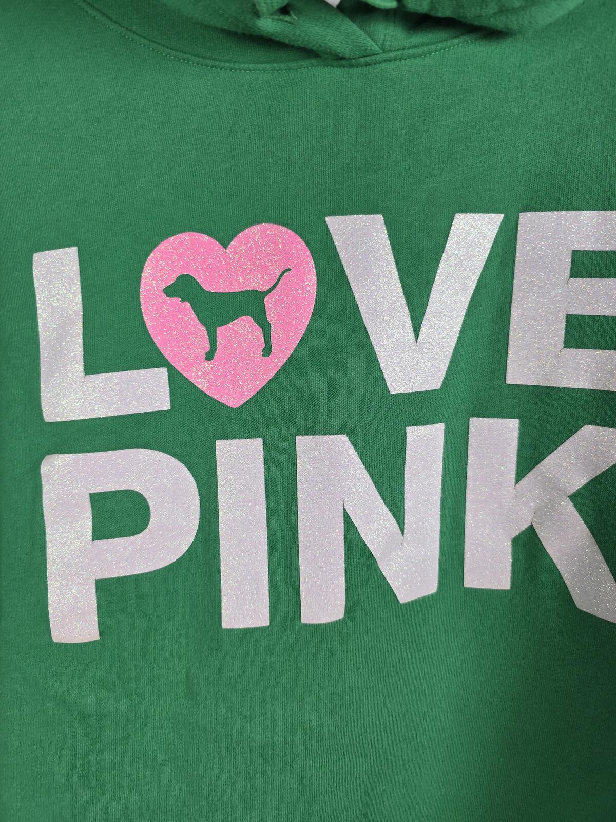 Victorias Secret Pink CAMPUS ORIGINALS Green Pockets LOVE Glitter Hoodie XL