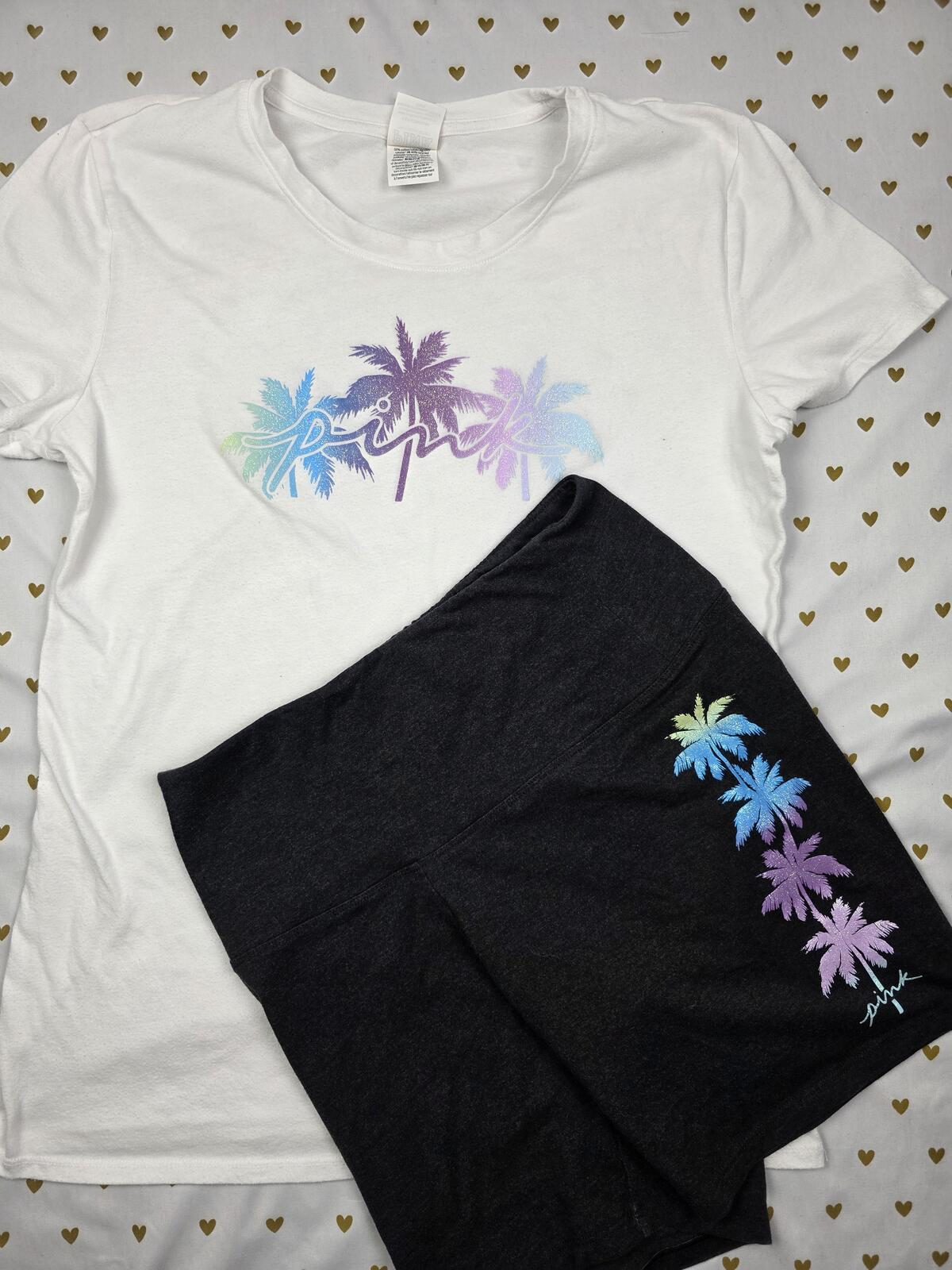 Victorias Secret Pink BLING PALM TREE SHINE TEE SHIRT Bike Short 2pc SET GLITTER