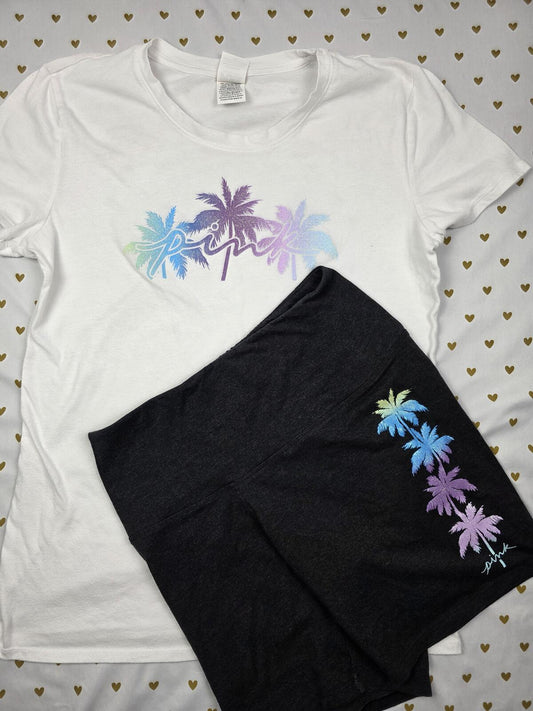 Victorias Secret Pink BLING PALM TREE SHINE TEE SHIRT Bike Short 2pc SET GLITTER