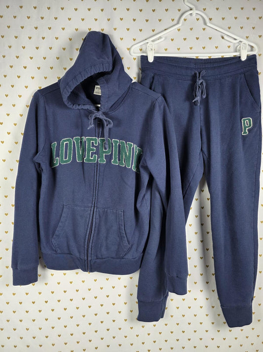 Victorias Secret Pink LOVE 2pc SET Hoodie Sweatpants Sweats Blue MEDIUM