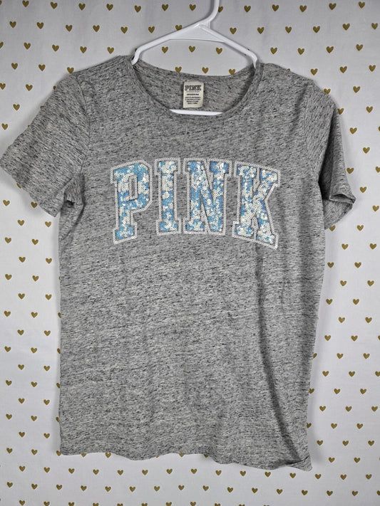 Victorias Secret PINK BLING MERMAID SEQUIN Tee Shirt Grey SMALL