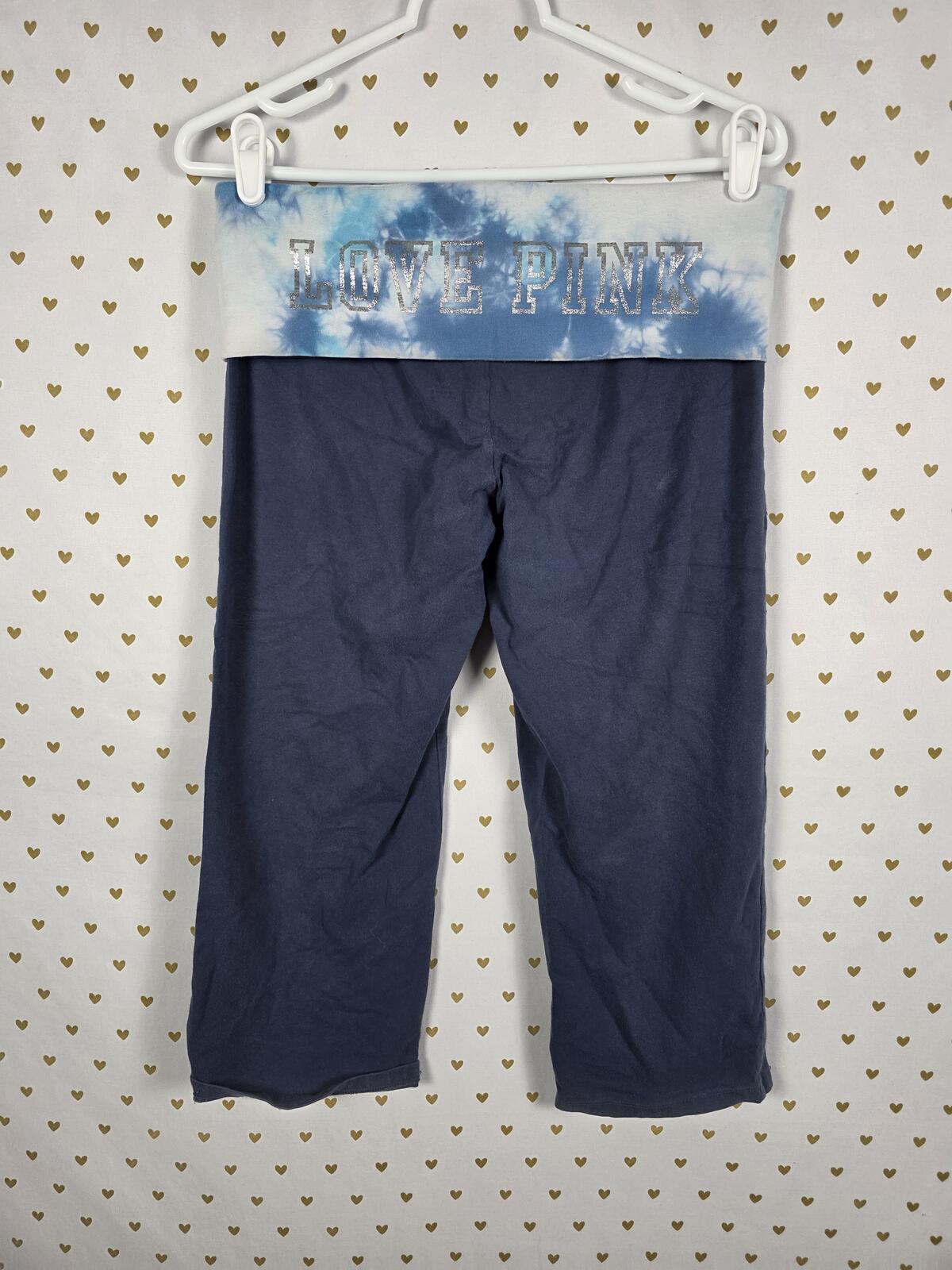 Victorias Secret PINK BLUE VINTAGE cropped Capri Foldover Yoga Pants MEDIUM