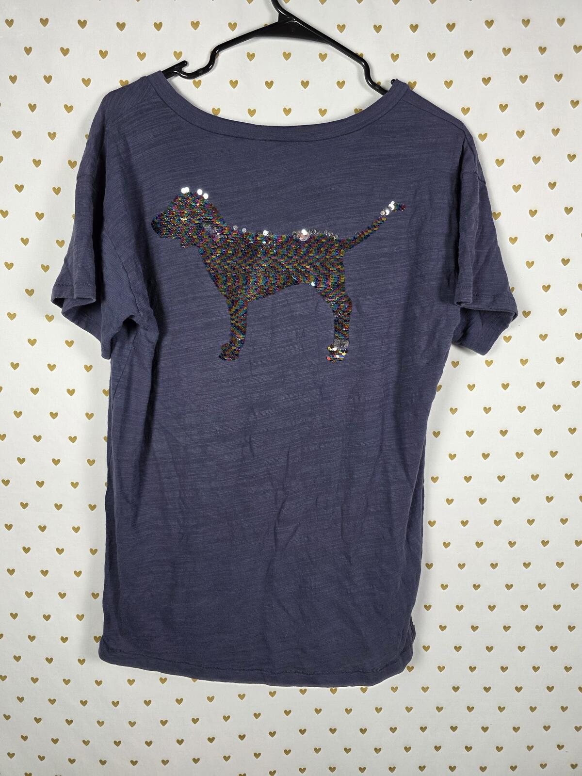 Victorias Secret PINK RAINBOW BLING Dog V Neck Blue tee shirt SMALL