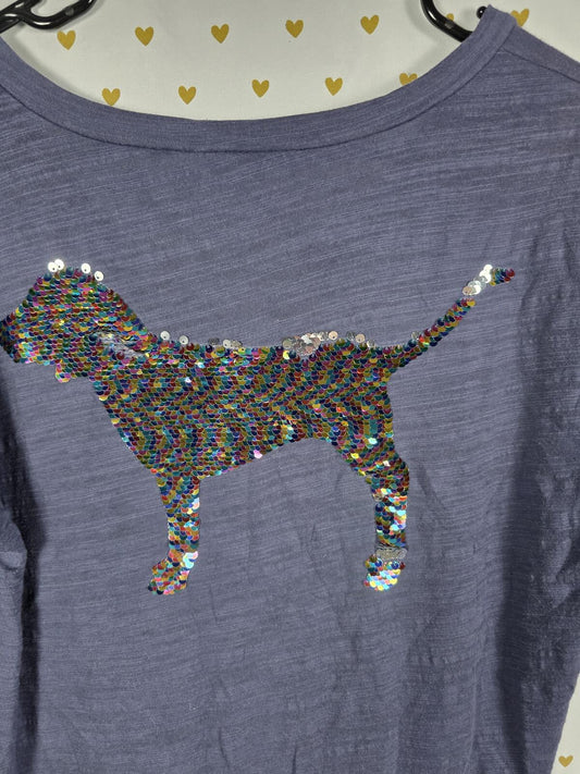 Victorias Secret PINK RAINBOW BLING Dog V Neck Blue tee shirt SMALL