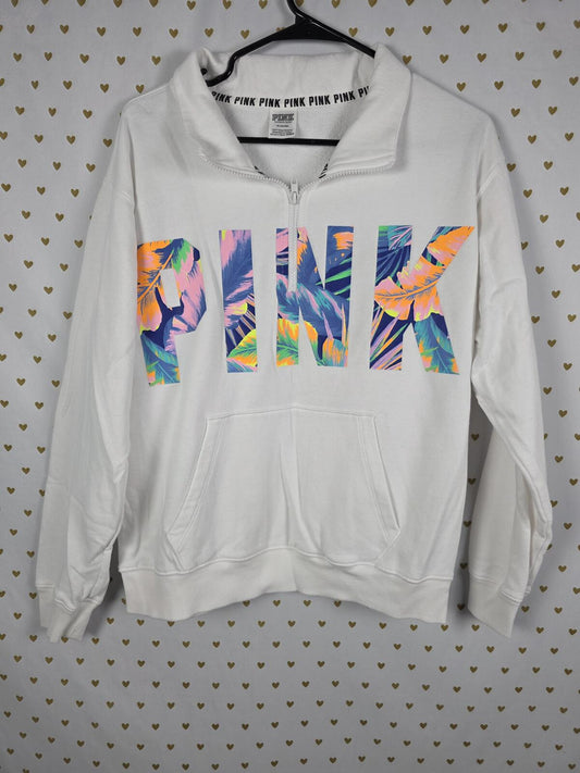 Victorias Secret Pink Hawaiian Logo Quarter Zip White Sweater MEDIUM