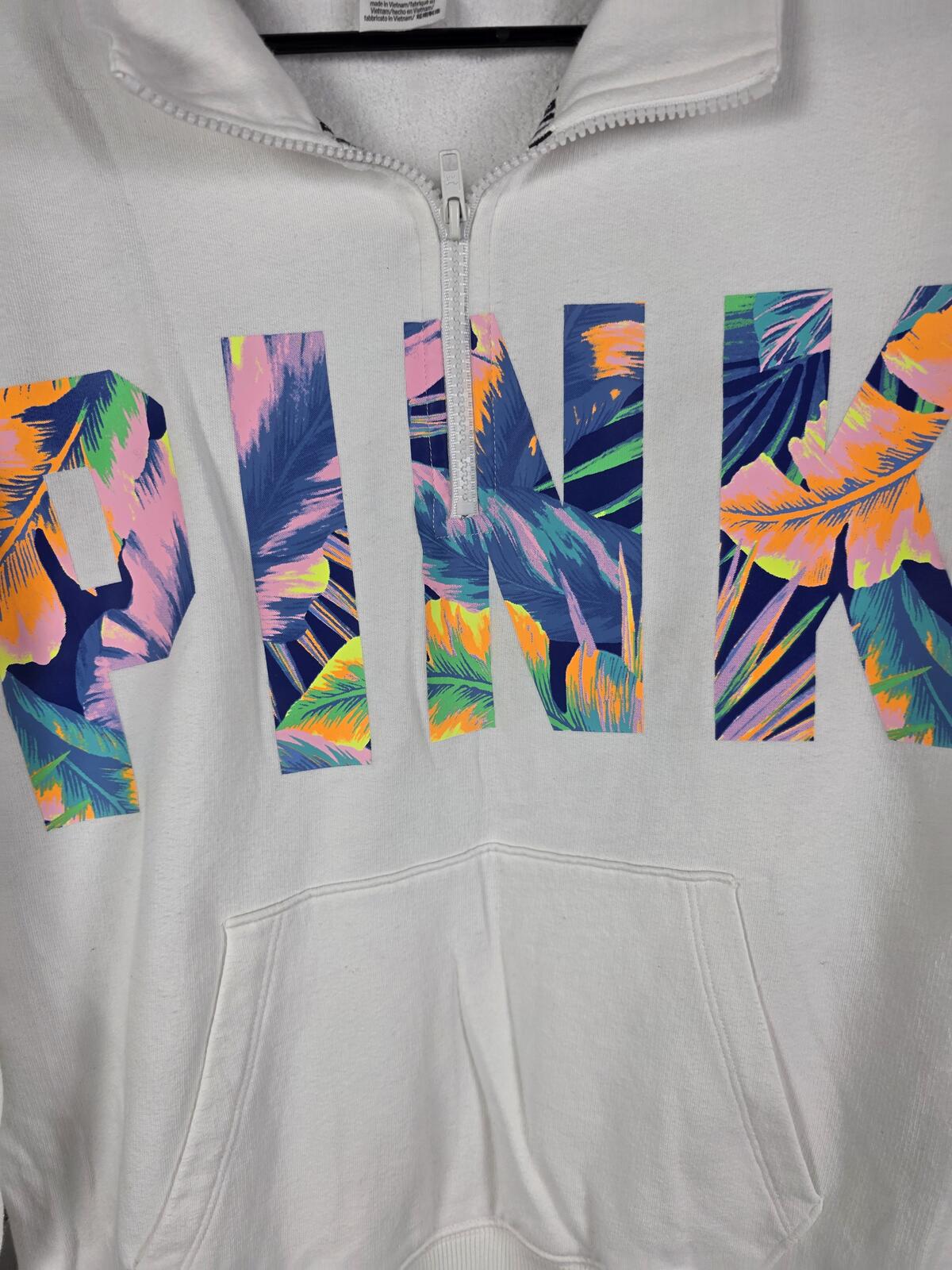 Victorias Secret Pink Hawaiian Logo Quarter Zip White Sweater MEDIUM