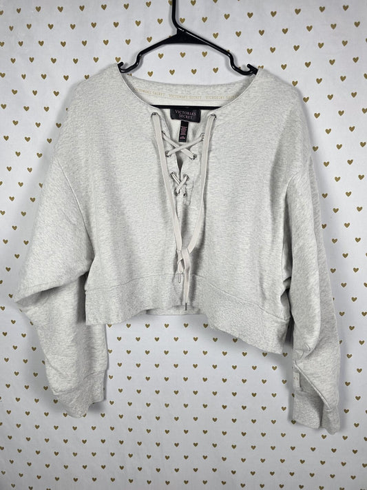 Victorias Secret Cropped Cute Lace front Sweater Shirt grey LARGE