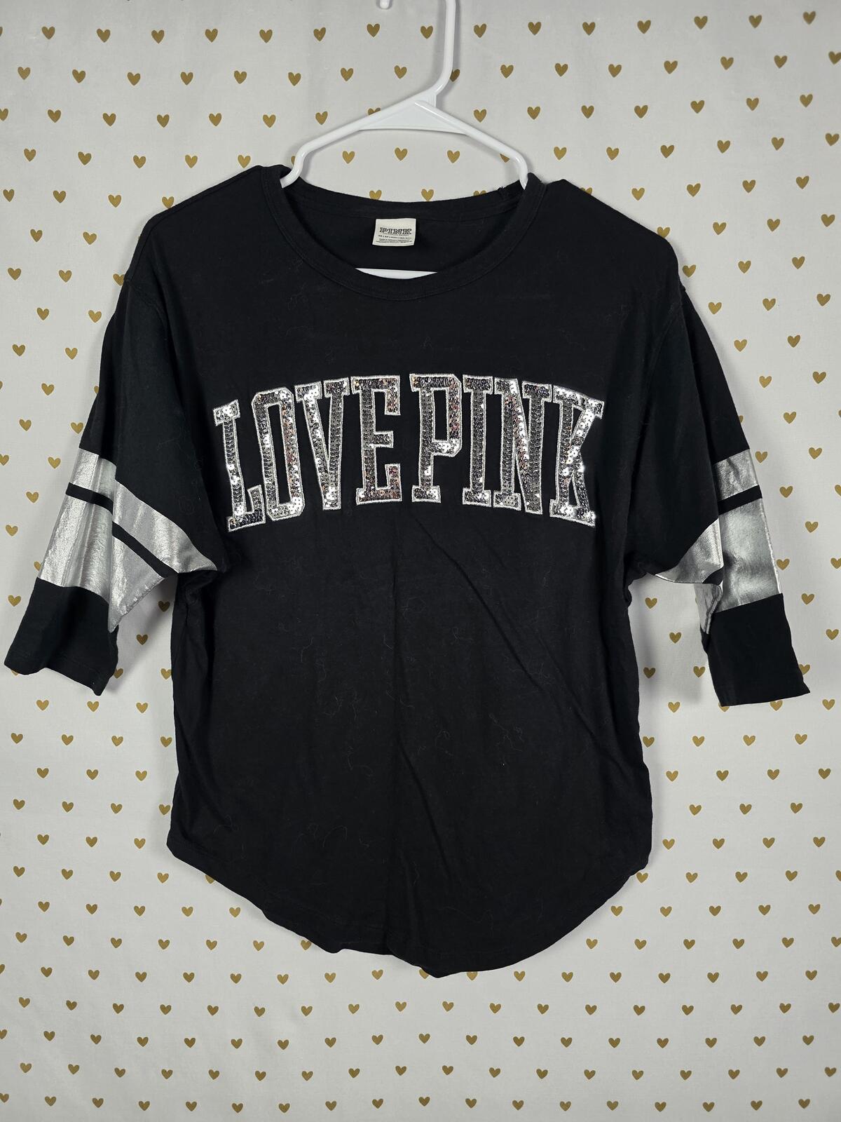 Victorias Secret PINK LOVE BLING Quarter Sleeve Black Tee shirt XS Oversized