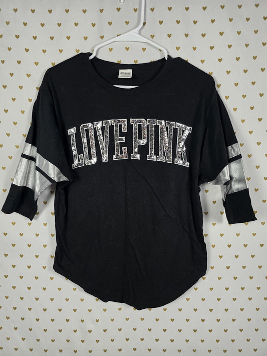 Victorias Secret PINK LOVE BLING Quarter Sleeve Black Tee shirt XS Oversized