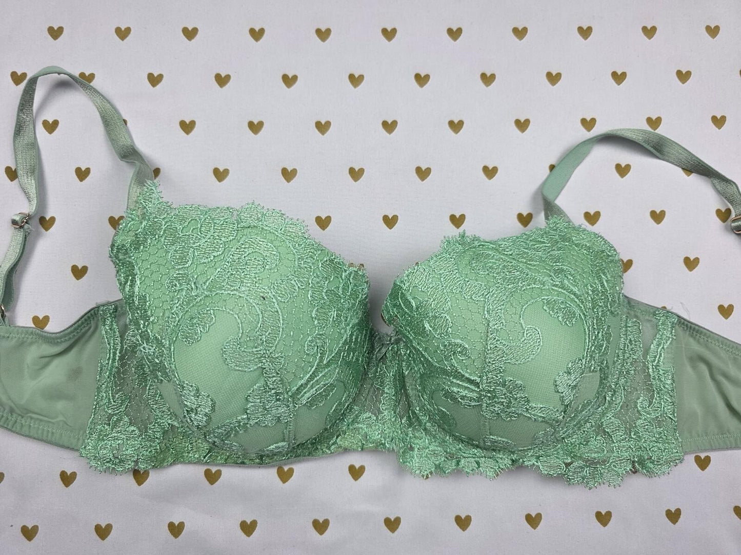 Victorias Secret Mint Green Lace Dream Angels Lined Demi Balconette Bra 32DDD