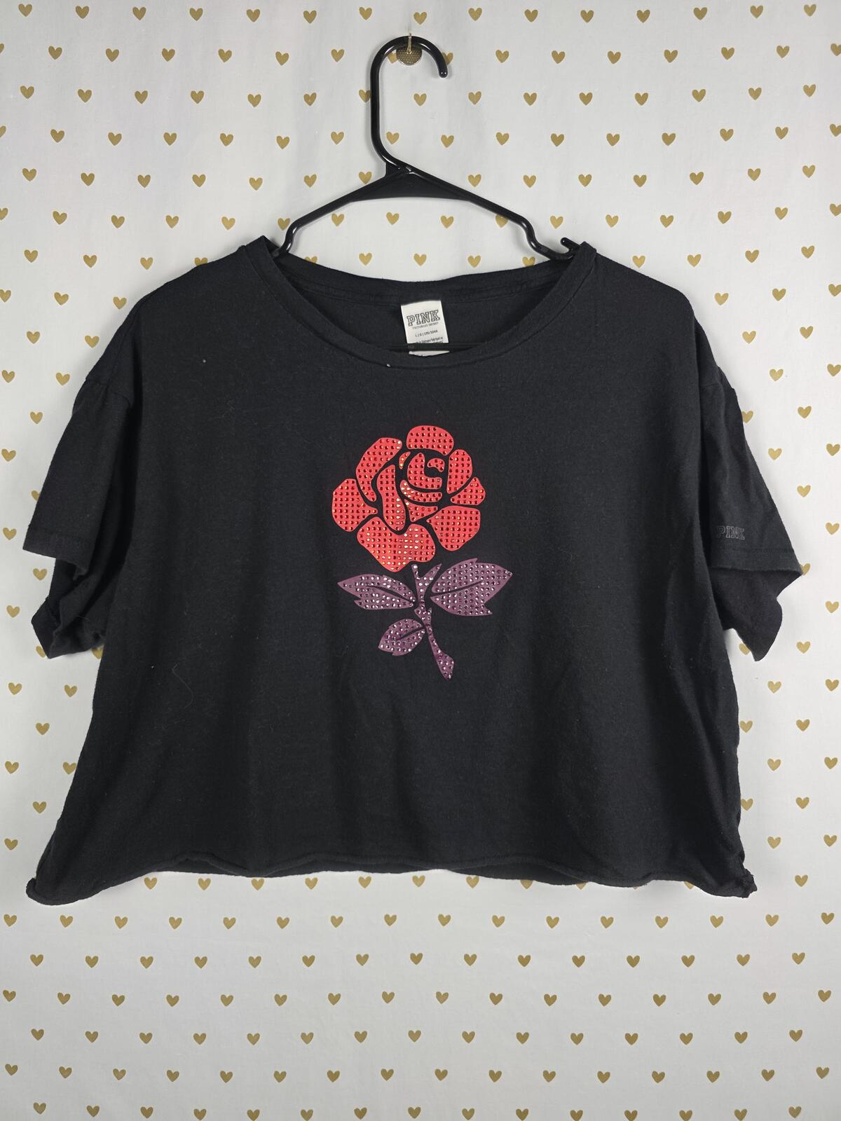 Victorias Secret PINK Floral Rose Rhinestone Cropped Boxy Tee Shirt LARGE