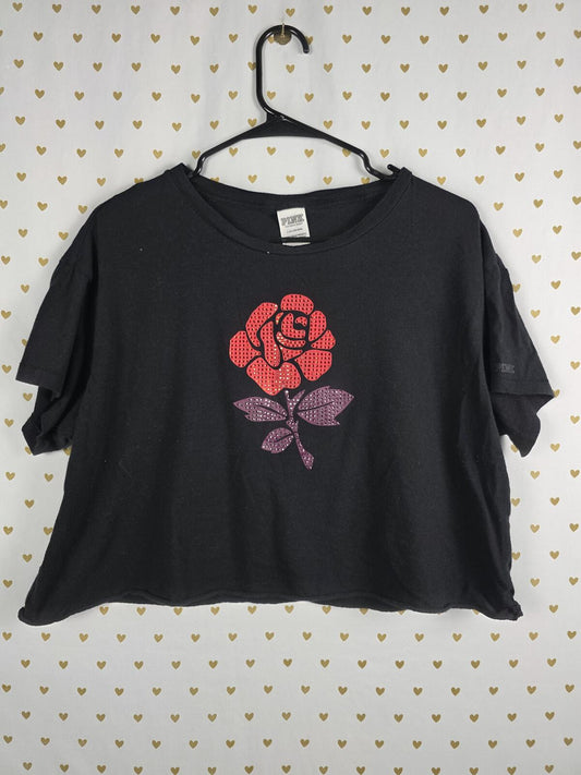 Victorias Secret PINK Floral Rose Rhinestone Cropped Boxy Tee Shirt LARGE