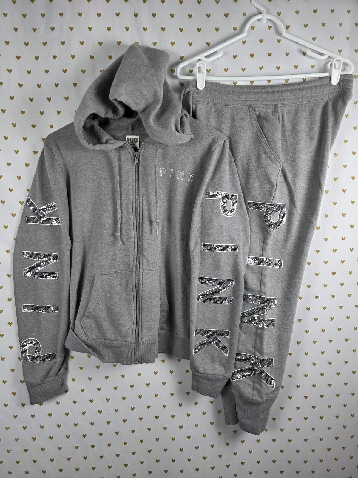 Victorias Secret Pink BLING SET 2pc Hoodie Sweats ZEBRA SEQUINED MEDIUM Outfit