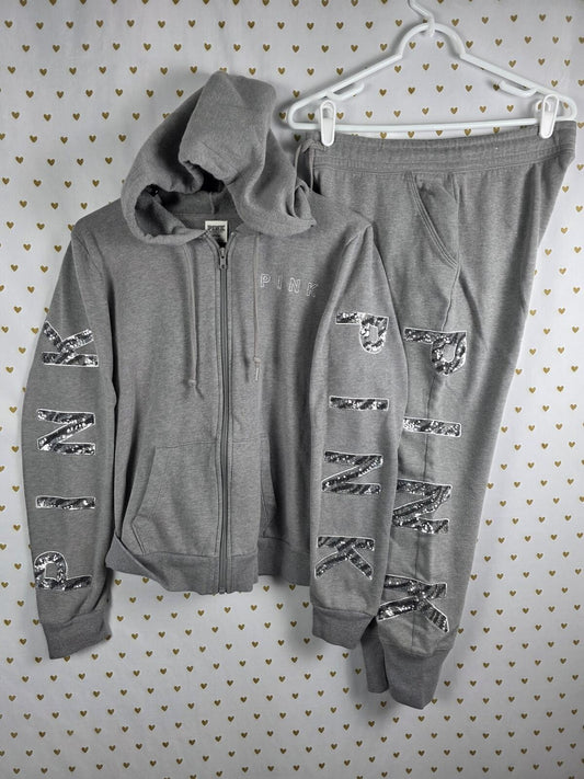 Victorias Secret Pink BLING SET 2pc Hoodie Sweats ZEBRA SEQUINED MEDIUM Outfit