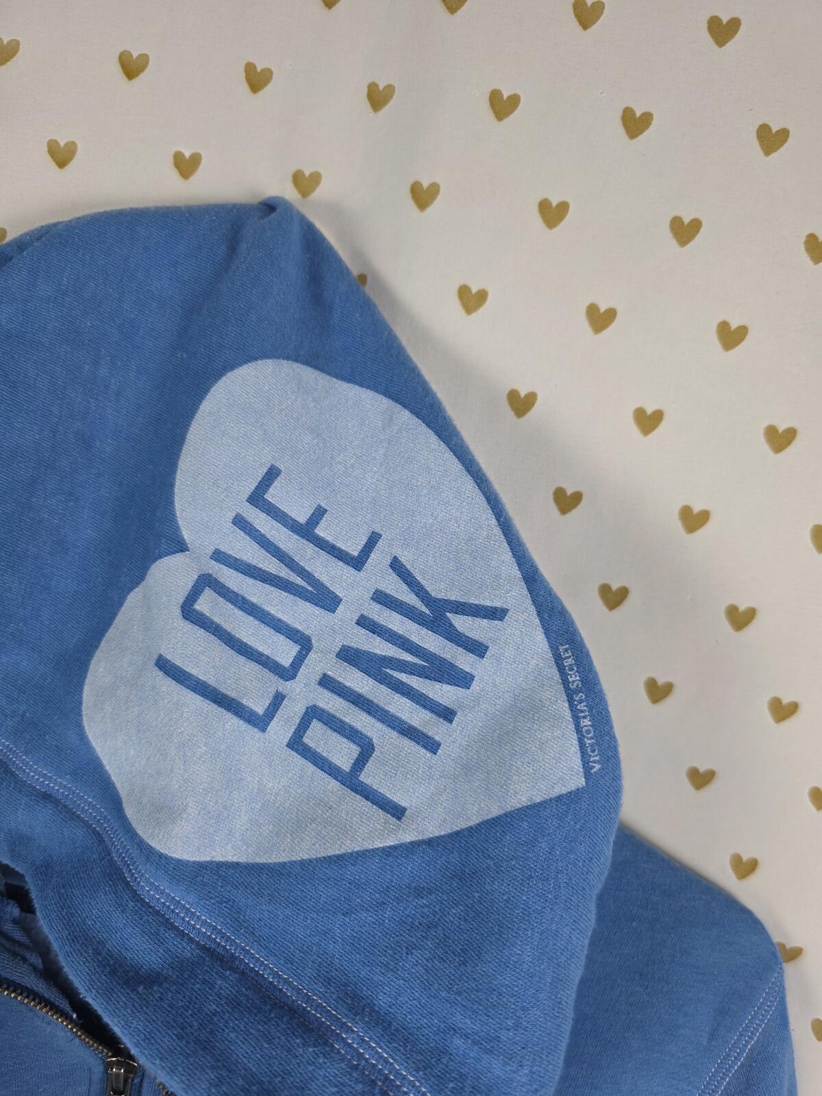 Victorias Secret Pink Love Heart Logo Quarter Zip Blue Hoodie Jacket LARGE