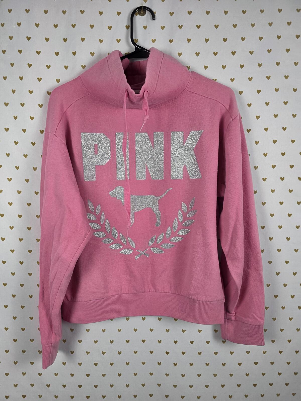 Victorias Secret Pink BLING GLITTER Slouchy Cowl Neck Sweater Shirt Logo MEDIUM