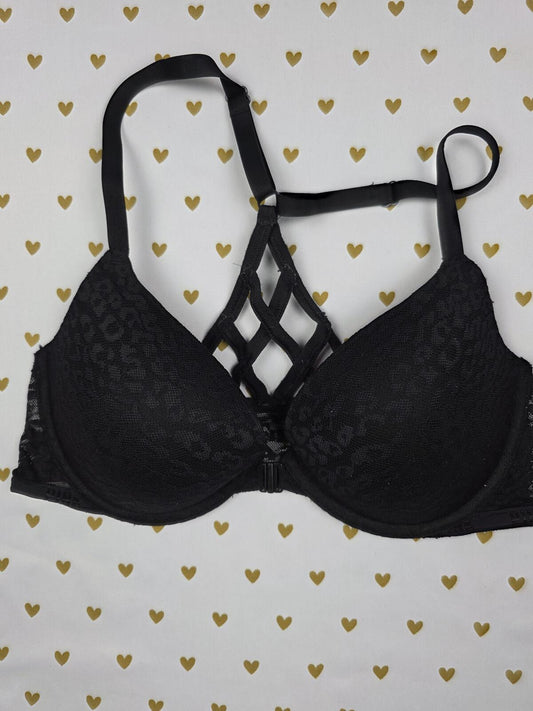 Victorias Secret PINK Strappy Caged front close leopard Accent Bra 34D Push Up