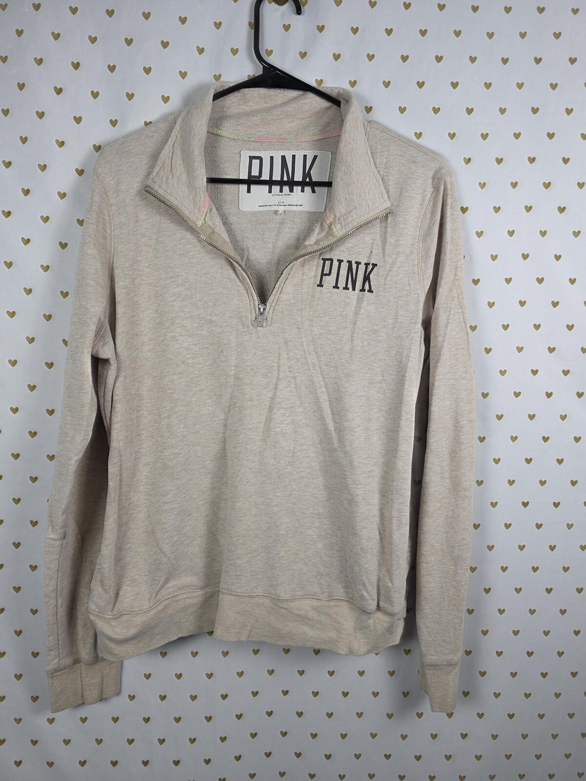 Victorias Secret Pink Logo Beige Quarter Zip Sweater shirt LARGE