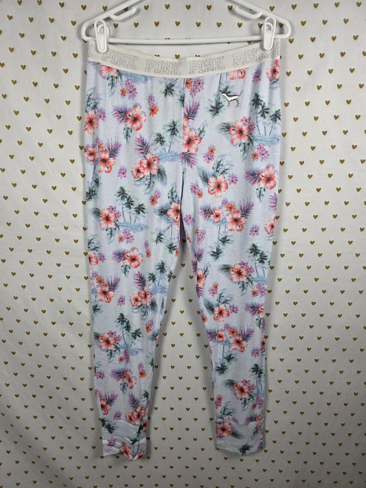 Victorias Secret Large Floral Tapered Sleep Pants Pajama Bottoms Blue