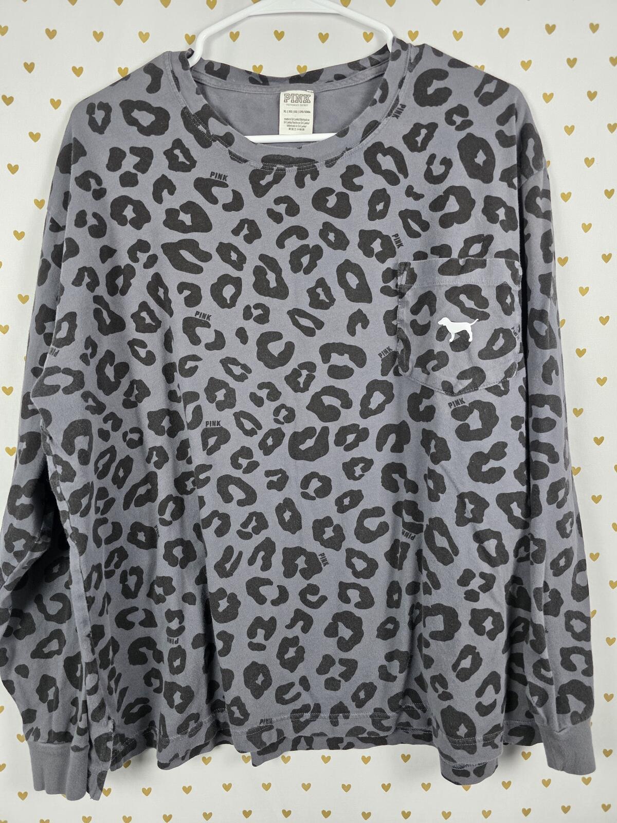 Victorias Secret PINK Cheeath Leopard XL Dog Logo Campus Pocket Tee Shirt