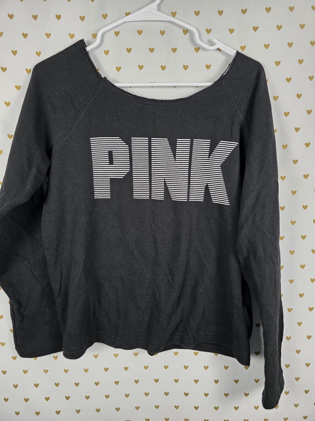 Victorias Secret Pink Slouchy Off Shoulder Logo Sweater Shirt Black XS