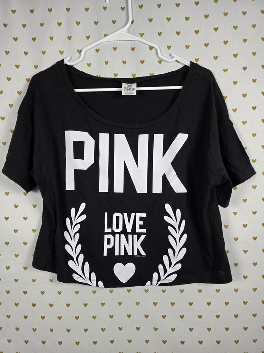 Victorias Secret PINK Cropped Vintage Boxy Logo LOVE Tee shirt Black MEDIUM
