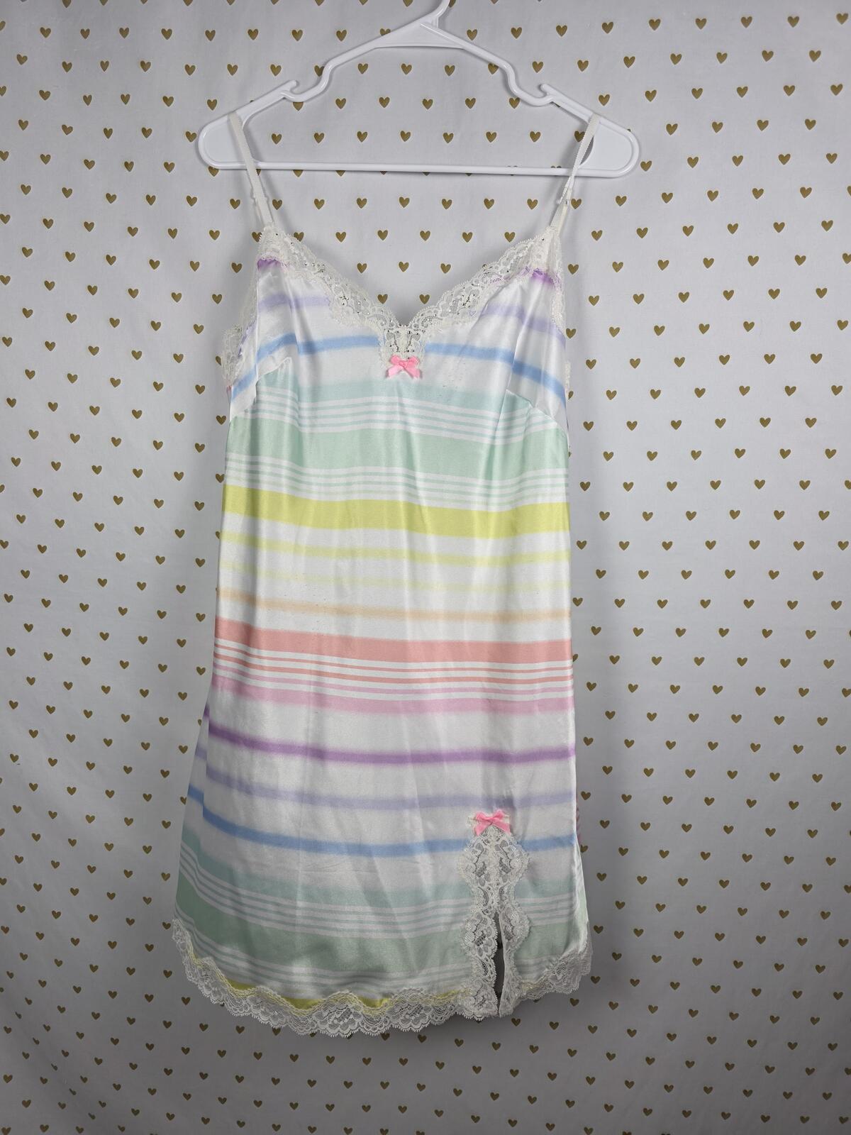Victorias Secret Satin Slip Dress Rainbow BLING  Stripe Pajama Sleep Nightie L