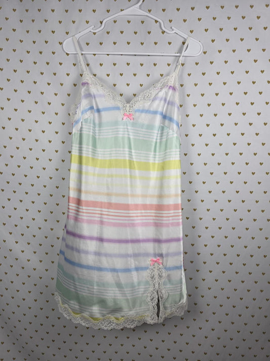 Victorias Secret Satin Slip Dress Rainbow BLING  Stripe Pajama Sleep Nightie L