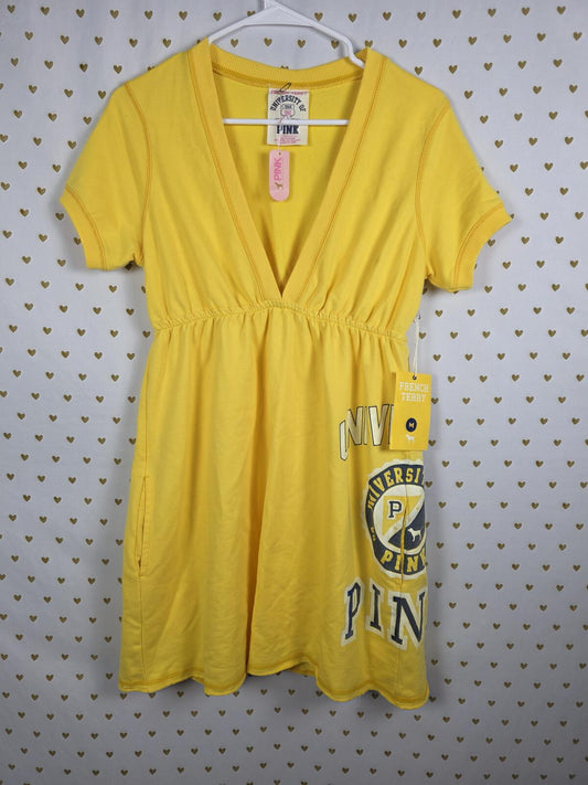 Victorias Secret PINK NEW NWT Terry UNIVERSITY Vintage HTF Dress V Neck yellow M
