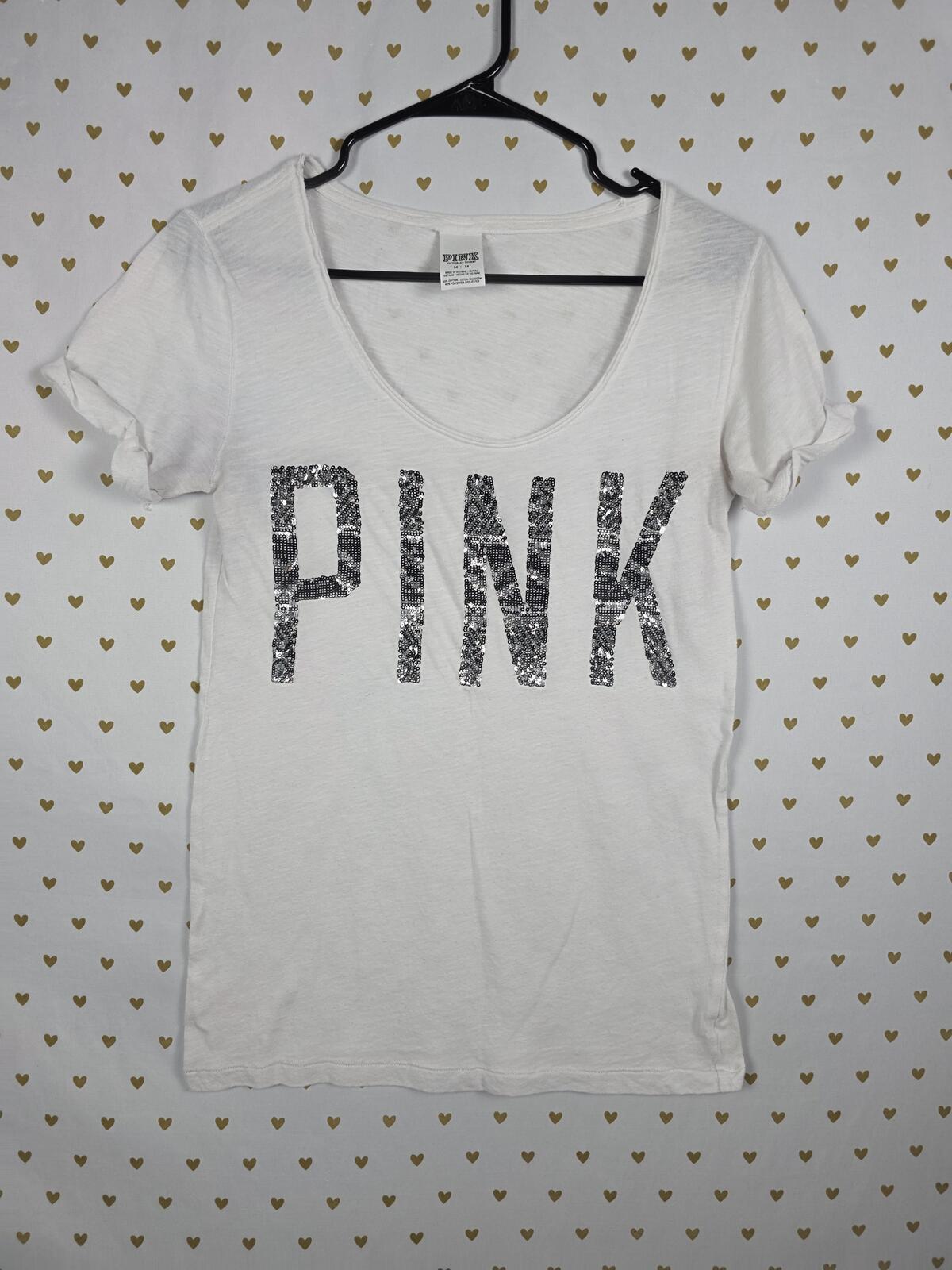 Victorias Secret PINK BLING Sequined Logo White Scoop Neck Short Sleeve Tee M