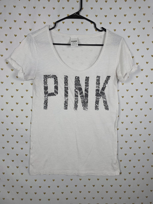 Victorias Secret PINK BLING Sequined Logo White Scoop Neck Short Sleeve Tee M