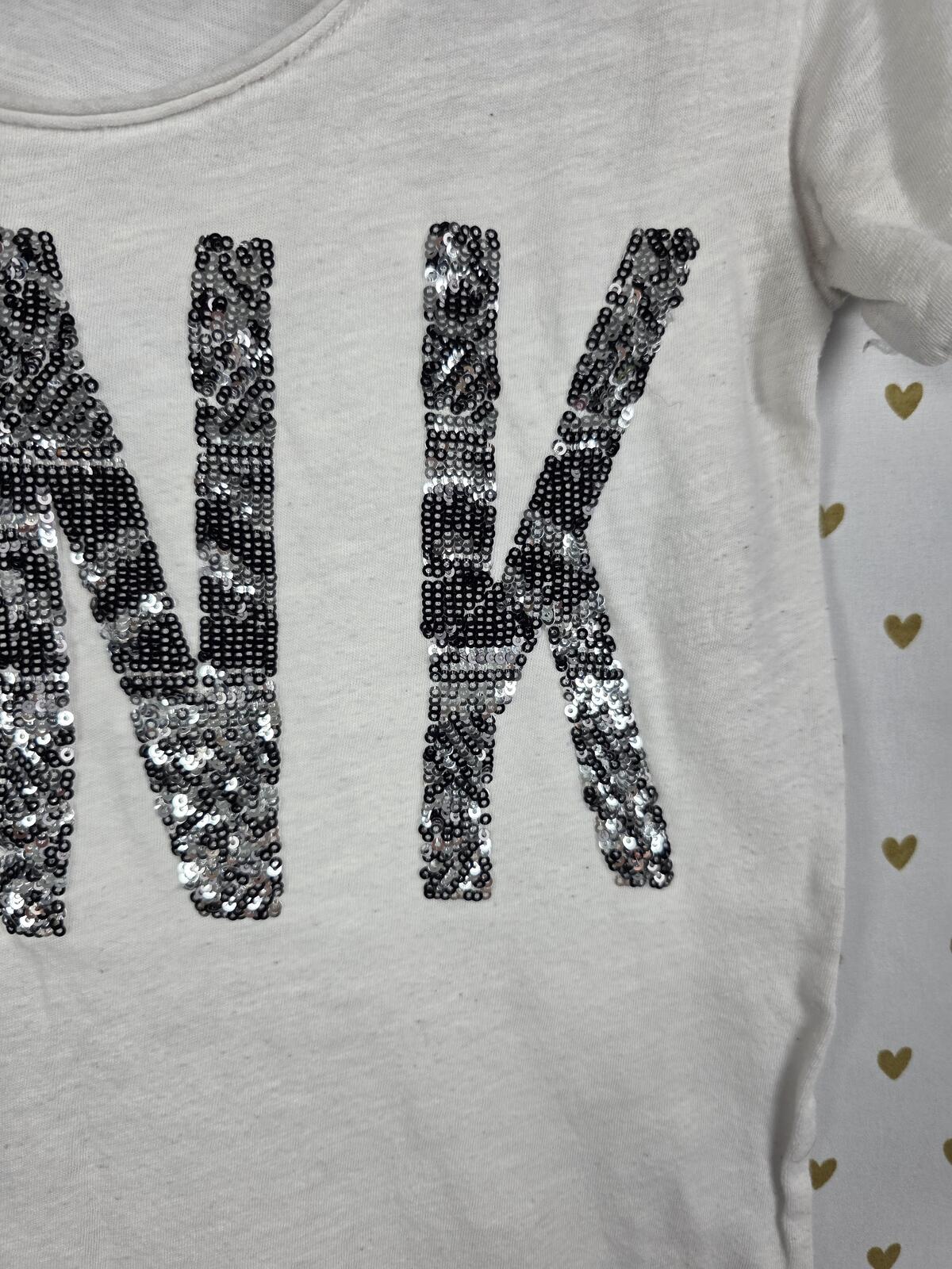 Victorias Secret PINK BLING Sequined Logo White Scoop Neck Short Sleeve Tee M