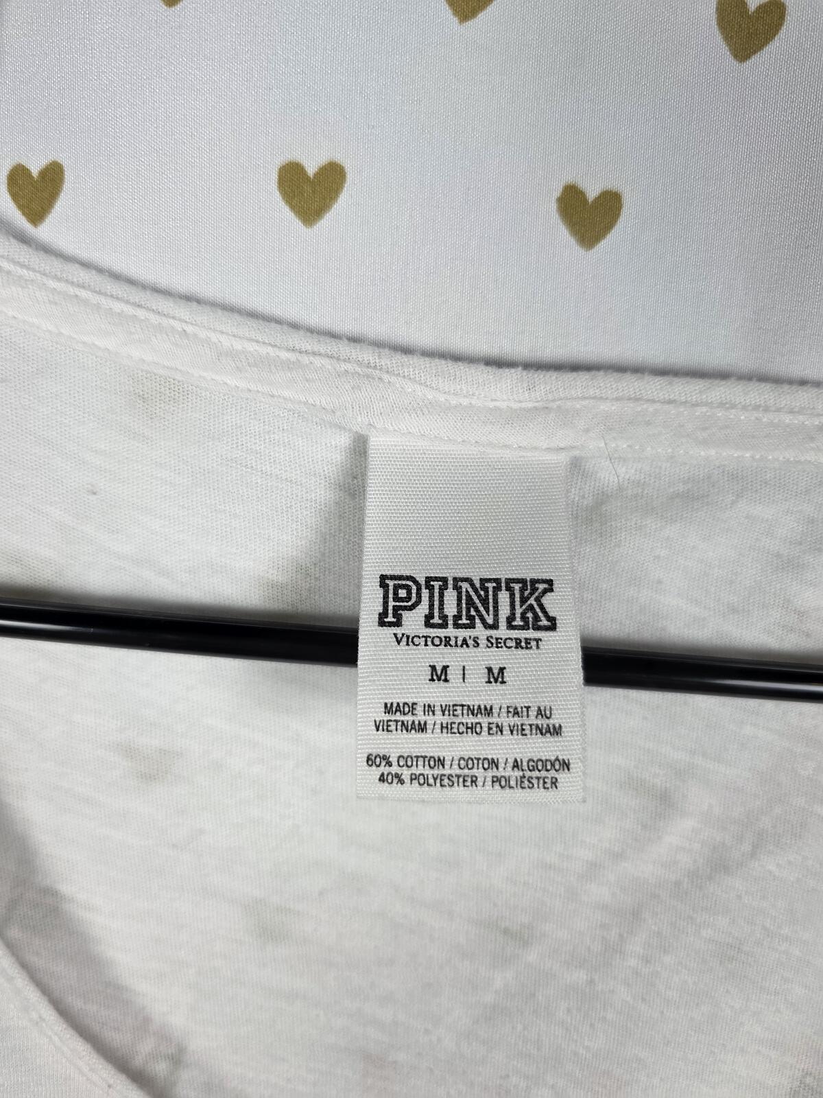 Victorias Secret PINK BLING Sequined Logo White Scoop Neck Short Sleeve Tee M