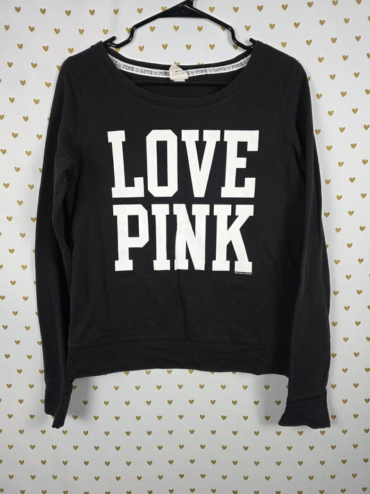 Victorias Secret Pink LOVE Vintage Black Slouchy Off Shoulder sweater shirt SM