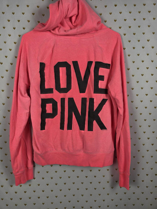 Victorias Secret Pink Full zip LOVE Hoodie Jacket Orange Neon LARGE