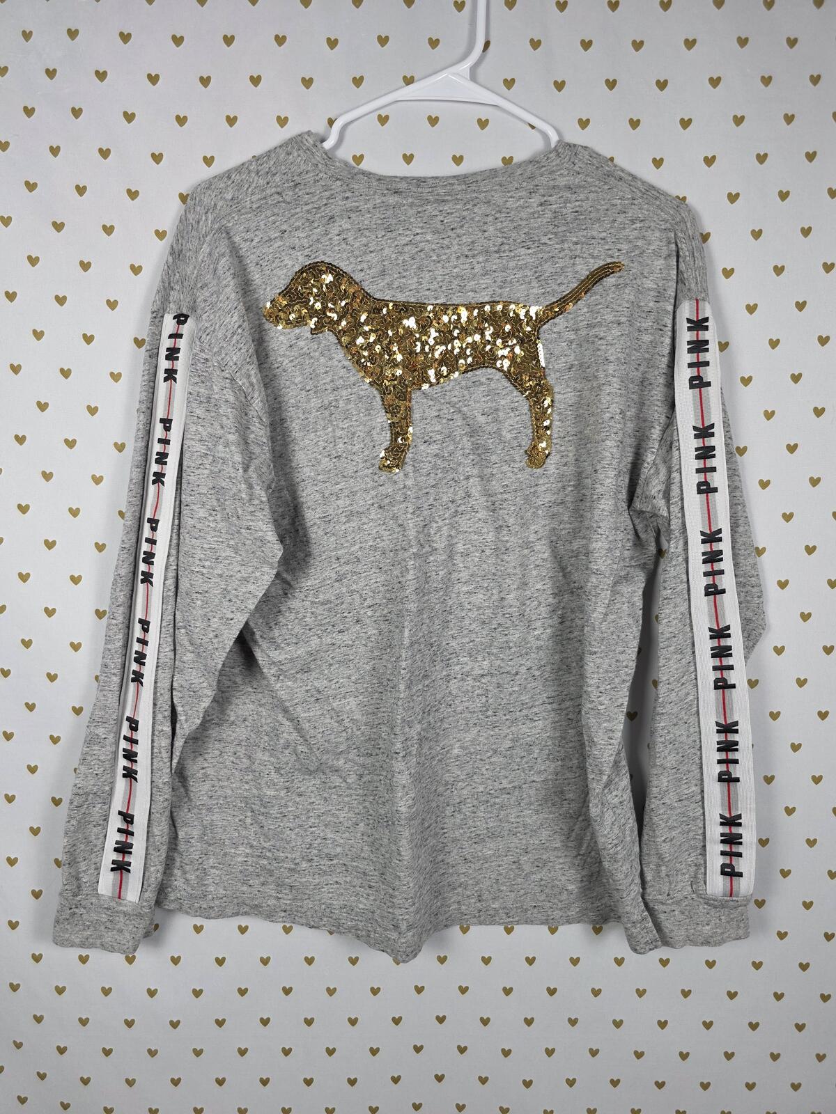 Victorias Secret PINK GOLD BLING Sequined Long sleeve campus pocket tee shirt L