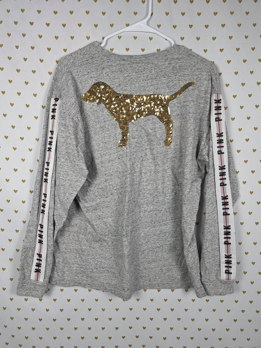 Victorias Secret PINK GOLD BLING Sequined Long sleeve campus pocket tee shirt L