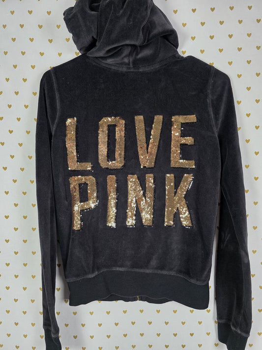 Victorias Secret Pink Vintage VELOUR y2k Gold Bling Hoodie Jacket Black XS