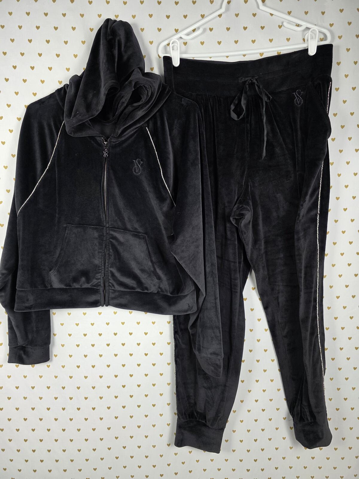 Victorias Secret ON POINT Velour Bling Rhinestone SET Outfit Hoodie Sweats LARGE