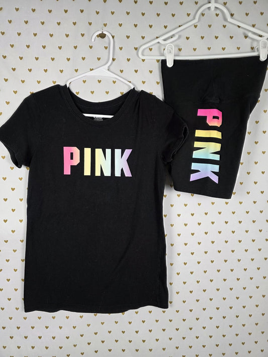 Victorias Secret PINK Tee Shirt Bike Shorts SET 2pc Outfit Rainbow Logo XS