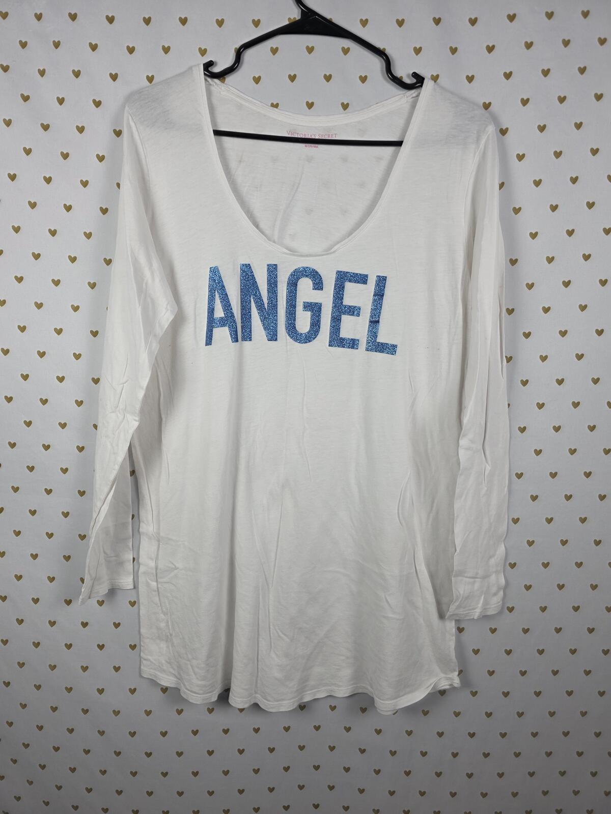 Victorias Secret White Long Sleeve ANGEL Bling Glitter Nightgown Sleep Shirt Med
