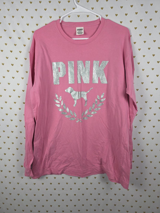 Victorias Secret PINK BLING Shine Glitter crest Logo long sleeve Tee shirt L