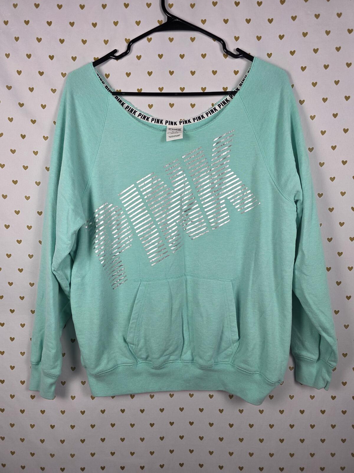 Victorias Secret Pink Slouchy Foil Logo Sweater Shirt Off shoulder MEDIUM