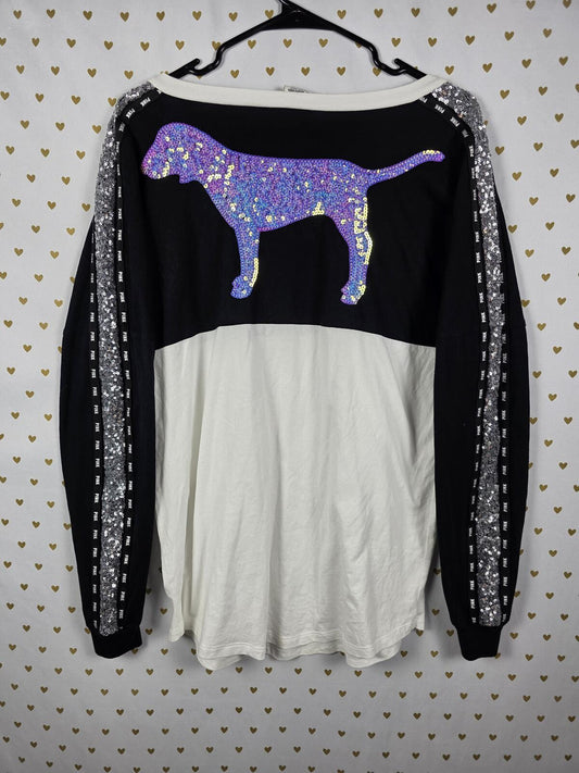 Victorias Secret PINK MERMAID BLING Dog Logo Long Sleeve SEQUINED Tee Shirt SM