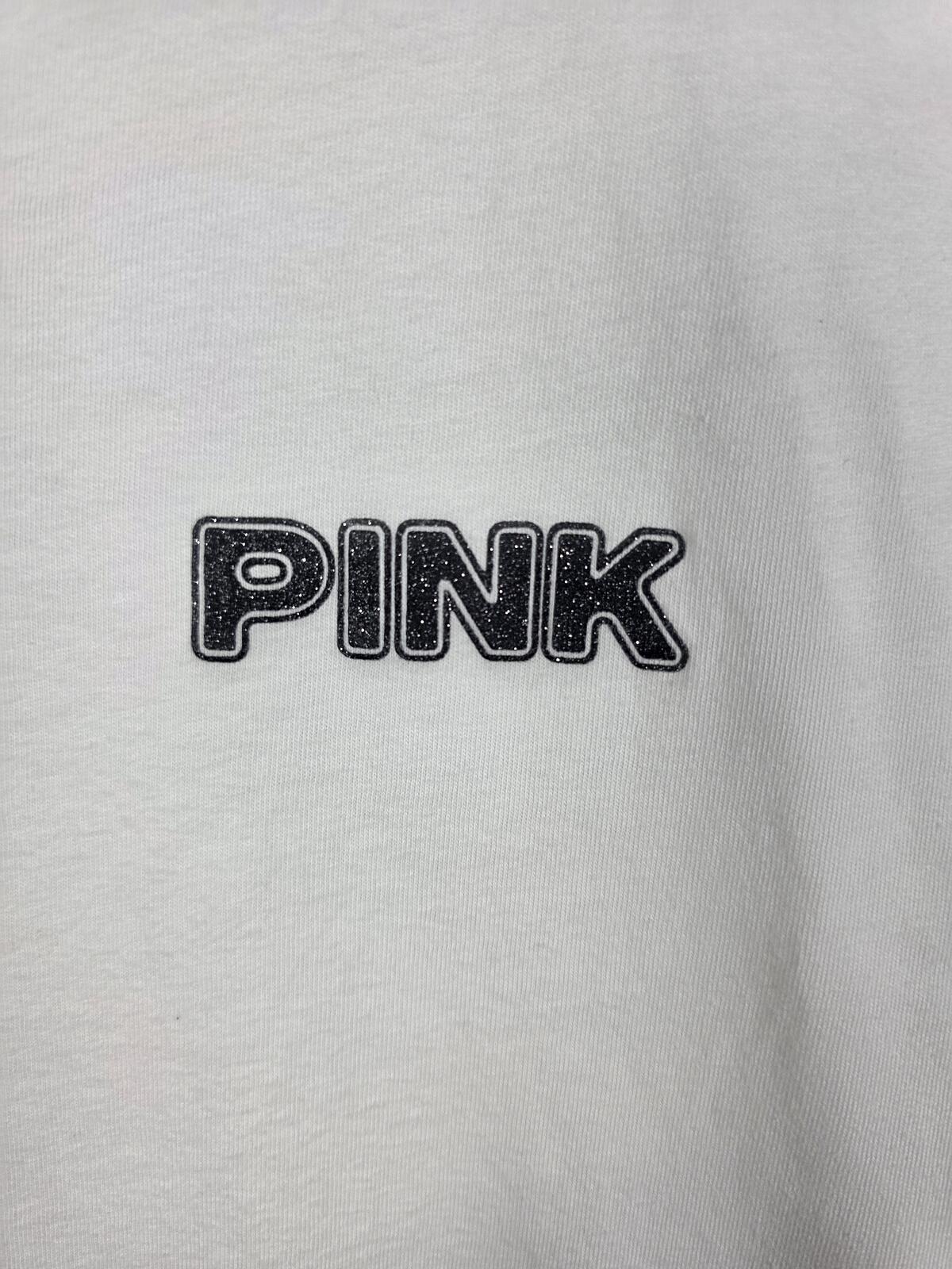 Victorias Secret PINK BLING Shine Rare Logo Tee shirt White Glitter 2XL XXL