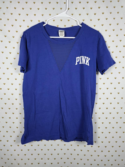 Victorias Secret PINK V Neck Mesh Neck Logo Blue Tee shirt SMALL